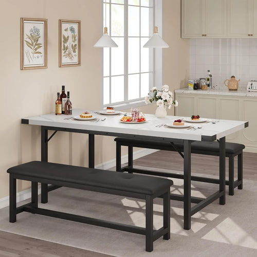 3-Piece Dining Table Set for 4-6 People, Extendable Kitchen Table Set with 2 Upholstered Benches, Dining Room Table, Customized