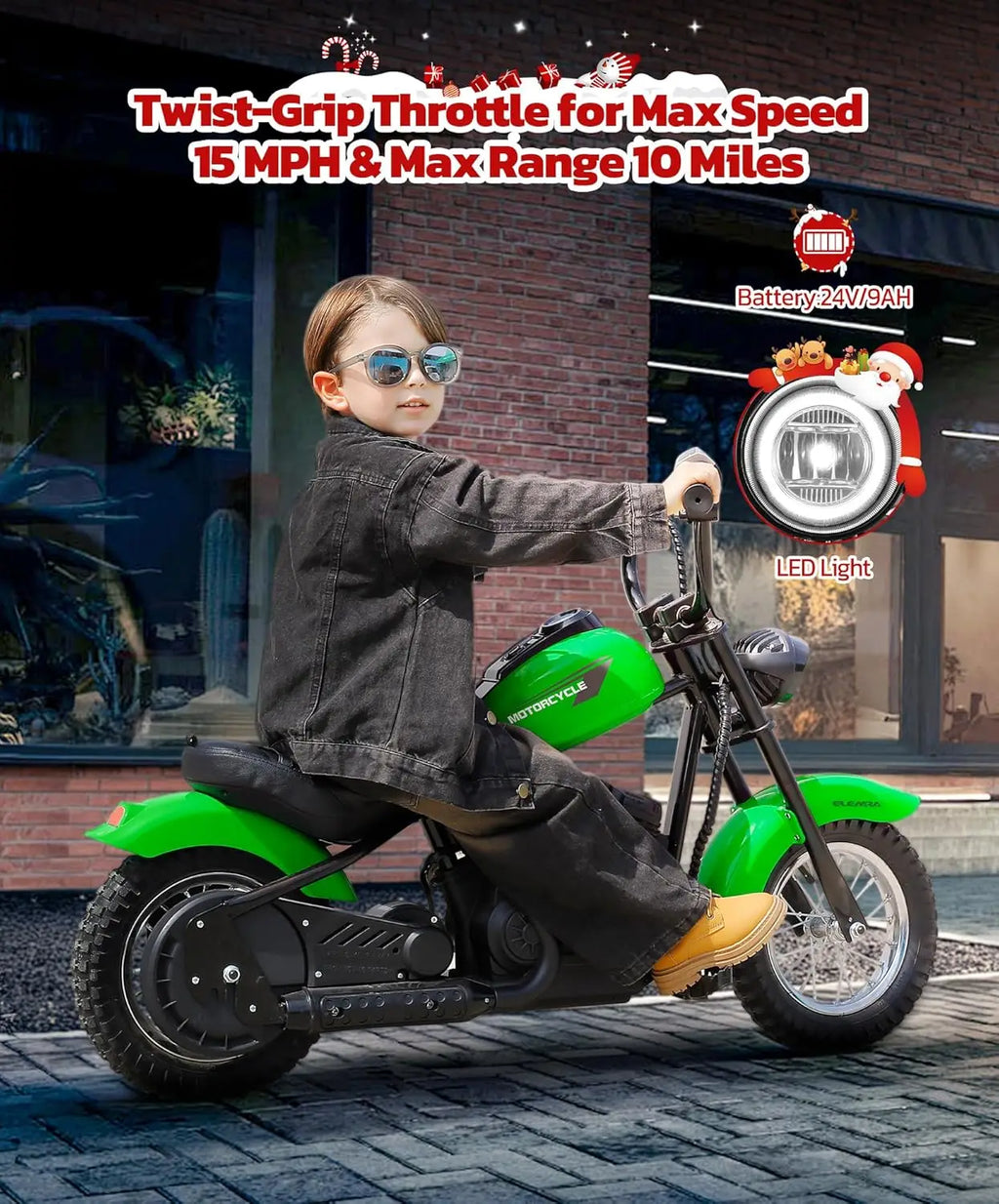 Electric Dirt Bike for Kids, 15mph, 150lb Max, LED Lights, Key Start, Twist Grip, 12' Air-Filled Tires - Green