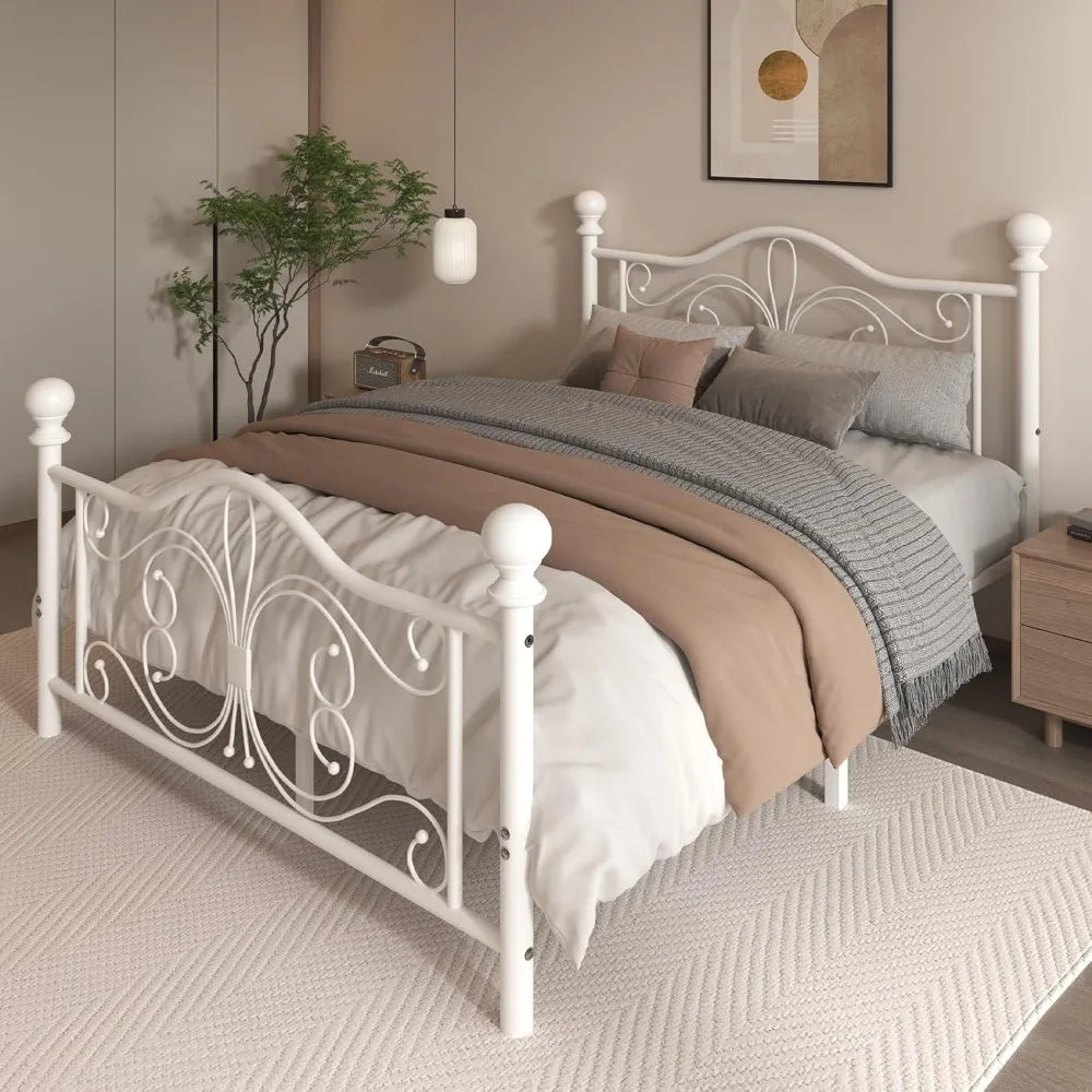 Full Size Bed Frame，Metal Platform Bed Frame with Headboard, Butterfly Pattern Design Headboard & Footboard, Strong Metal Slat S