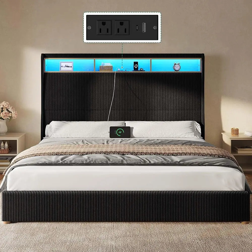 LED Queen Size Bed Frame with 60" Tall Wingback Headboard and Footboard, Solid Wood Leg, No Box Spring Needed, Easy Assembly