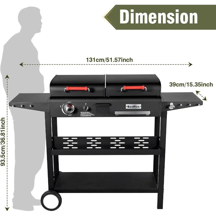 Propane Gas Griddle Charcoal Grill Combo Flat Top Griddle with Dual Lids 2 Side Shelves Dual Fuel BBQ Grill for Outdoor Barbecu