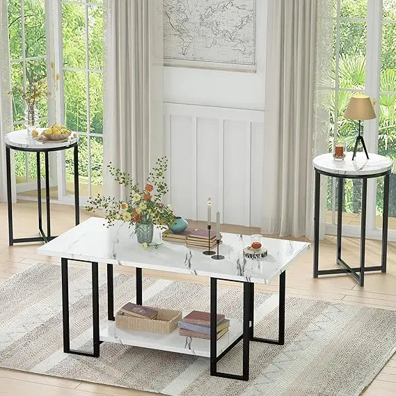 3 Pieces Living Room Table Set, Faux Marble Coffee Table with 2 Round End Side Tables, Coffee Table Set with Metal Frame