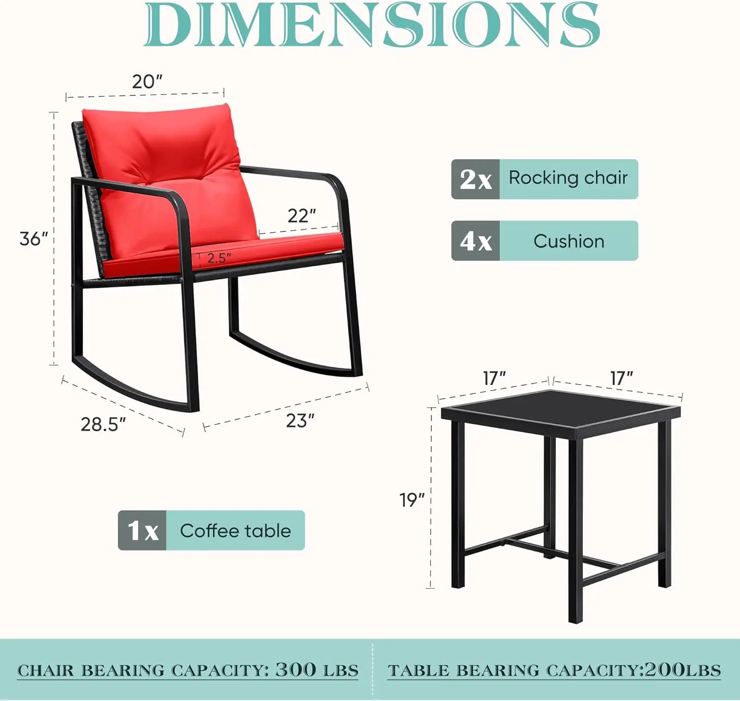 3-Piece Rocking Wicker Bistro Set with Chairs & Glass Table, Red Outdoor Patio Furniture