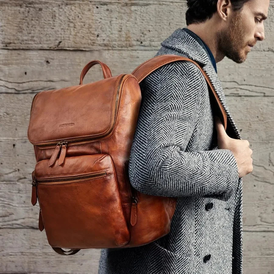 BOSTANTEN Leather Backpack for Men 15.6 inch Laptop Backpack Vintage Travel Office Bag Large Capacity Shoulder Bag Redbrown