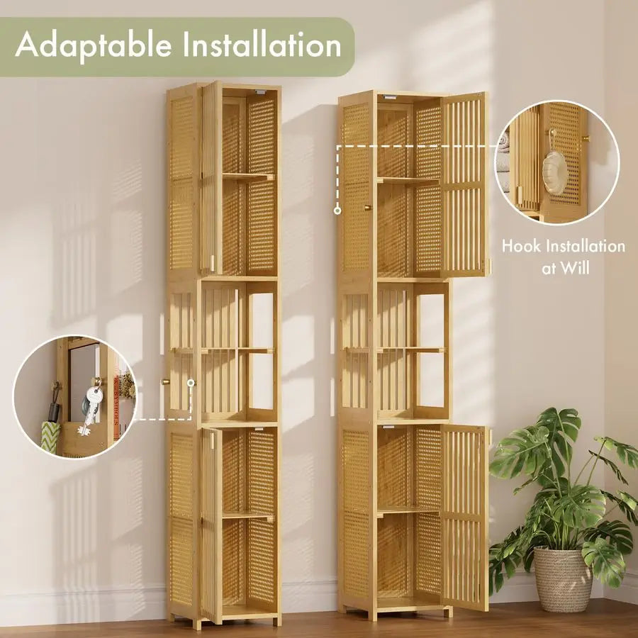 70 Tall Bathroom Storage Cabinet Bamboo, Slim Storage Cabinet with Rattan Door and Adjustable Shelves, Narrow Freestanding Organ