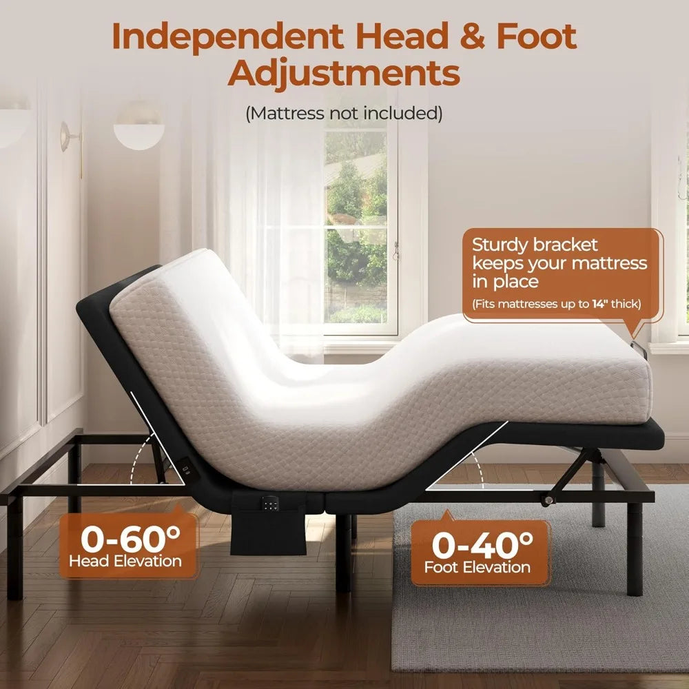 Queen Size Adjustable Bed with Wireless Remote, Massage, Nightlight, Height Adjustable Legs, and Incline Head and Foot Controls