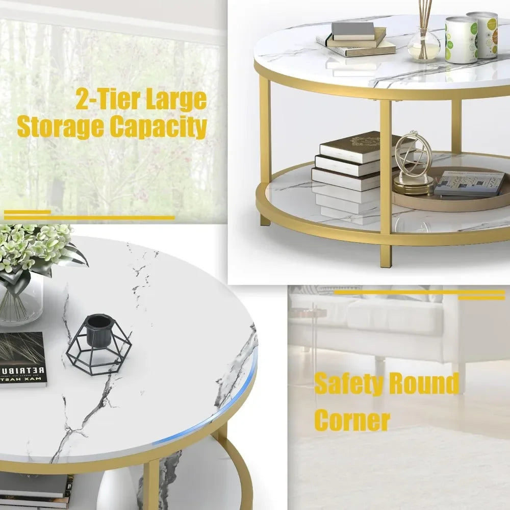 33.5"Round Coffee Table  Coffee Tables Room High Glossy Faux Marble Top Circle Table Sturdy Gold Frame Legs Cocktail Table
