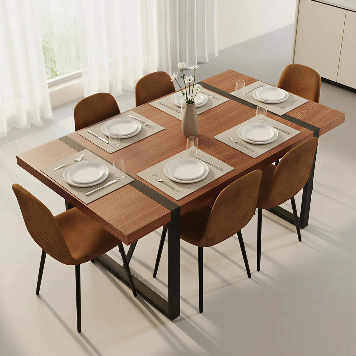 Wood Dining Table Set for 6, 71" Large Rectangular Kitchen & Dining Room Table with 6 Suede Upholstered Chairs,, Customized