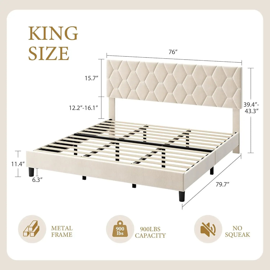 Beige King Bed Frame with Upholstered Headboard, Heavy-Duty Platform Bed Frame with Strong Wood Slats, No Box Spring Needed