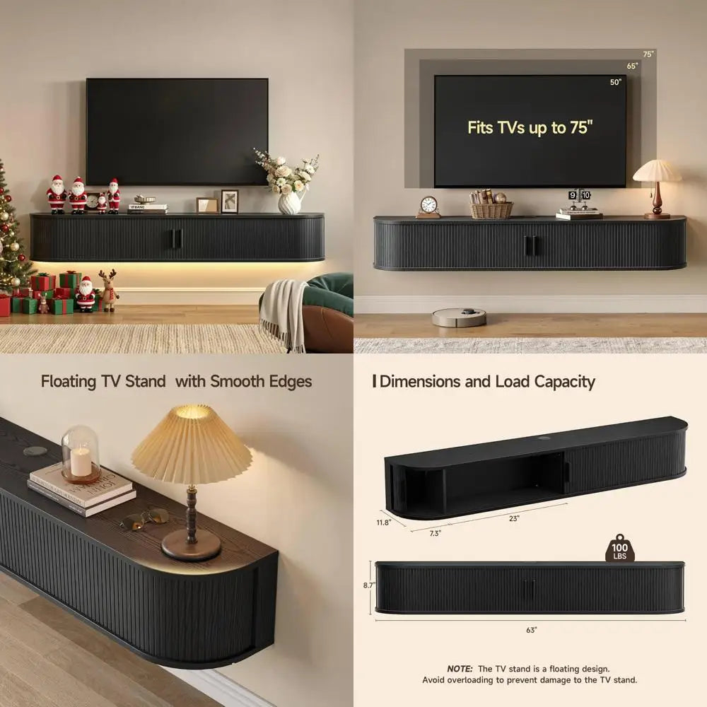 75-Inch TV Floating Stand with Built-In Power Outlet, LED Light Remote Control Fluted Entertainment Center, Mid-Century Modern S