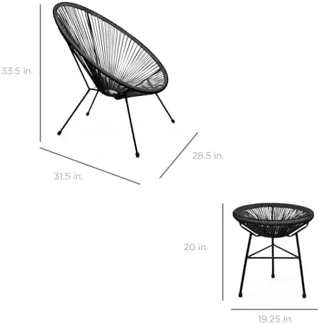 3-Piece Outdoor Acapulco All-Weather Patio Conversation Bistro Set w/Plastic Rope, Glass Top Table and 2 Chairs - Black