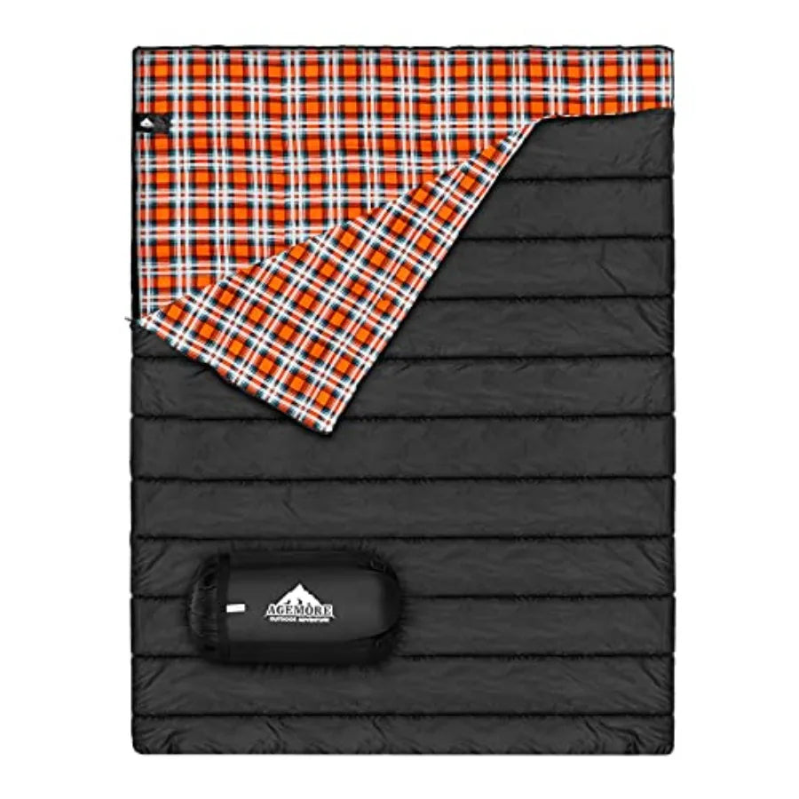 Cotton Flannel Double Sleeping Bag for Camping Backpacking or Hiking: Queen Size 2 Person Waterproof Sleeping Bag for Adults or
