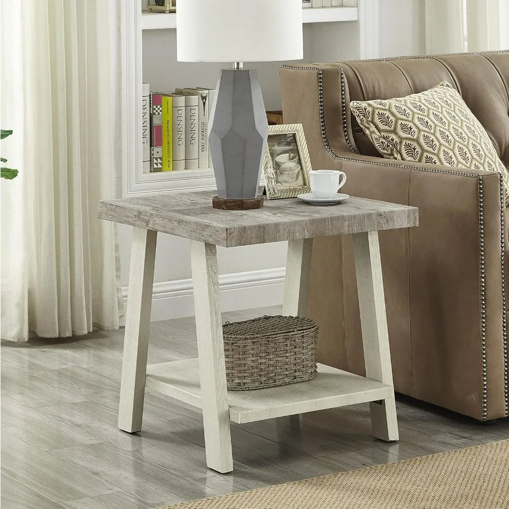 Contemporary 3-Piece Weathered Gray and Beige Wood Shelf Coffee Table Set