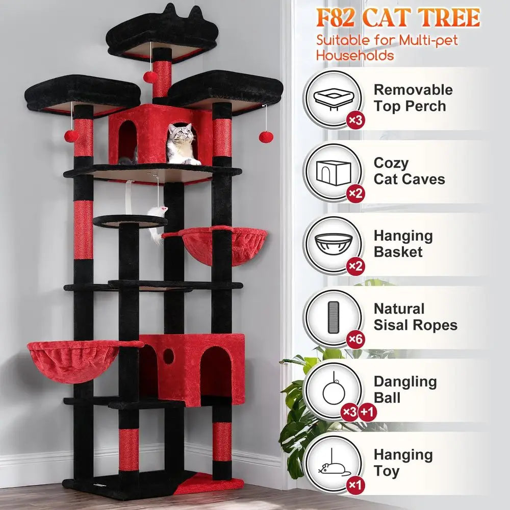 XXL 82-inch Gothic-Style Cat Tower with 3 Perches, 2 Condos, Scratching Post, and Hanging Baskets for Multiple Cats, Black Red