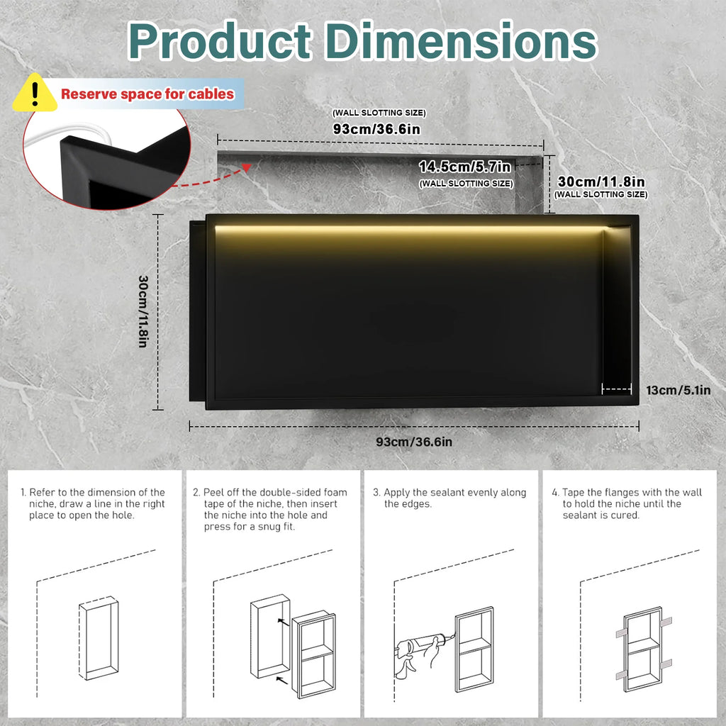 Shower Niche Insert with LED Light, 36x11x5 Inch Rust-Proof Bathroom Shelf - No Tile Needed, Over Mount for Shower & Coffee Bar