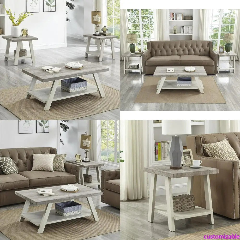 Contemporary 3-Piece Weathered Gray and Beige Wood Shelf Coffee Table Set