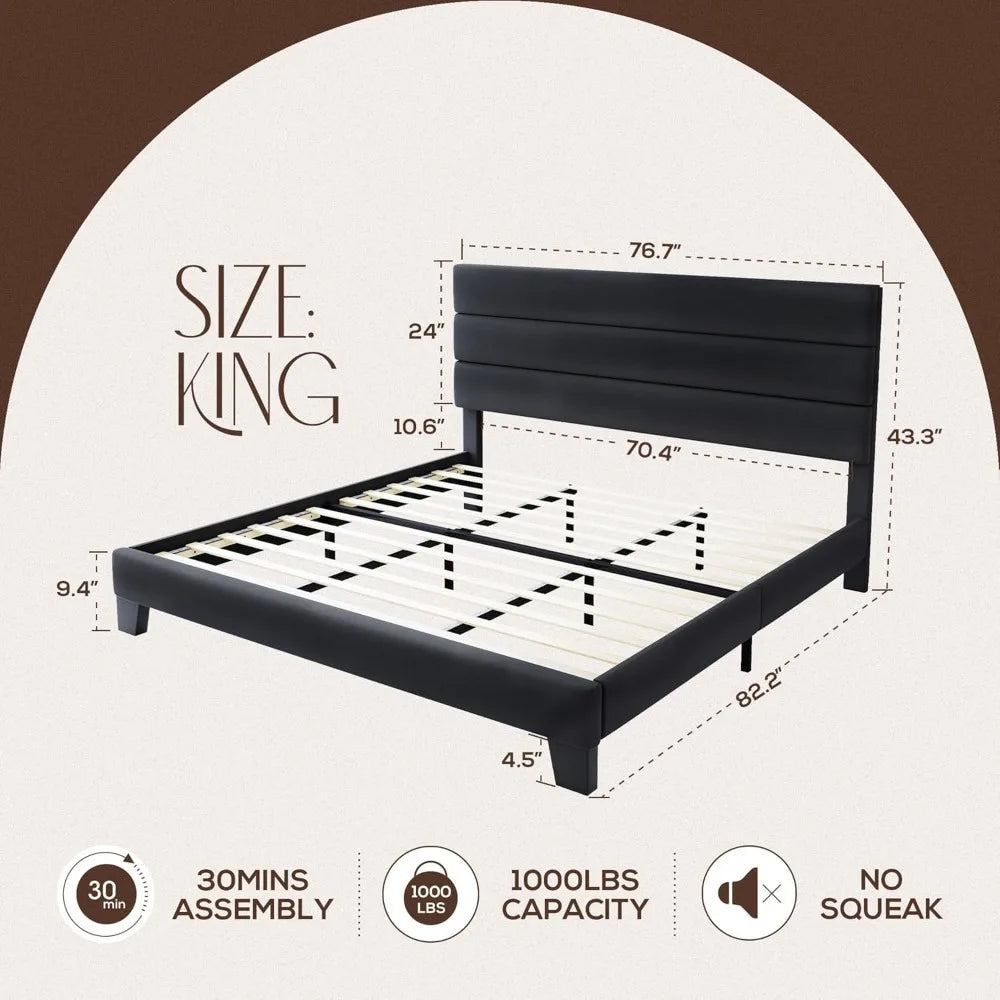 WEEWAY King Bed Frame Platform Bed with Velvet Upholstered Headboard and Wooden Slats Support, Heavy Duty Mattress Foundation, N
