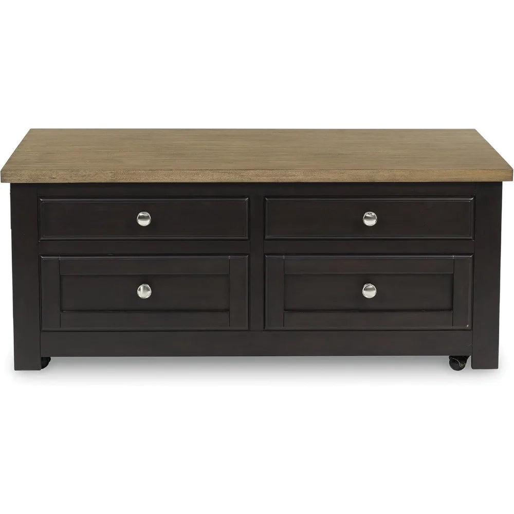 Casual Lift-Top Coffee Table with 4 Drawers and Casters, Dark & Light Brown Wood Finish