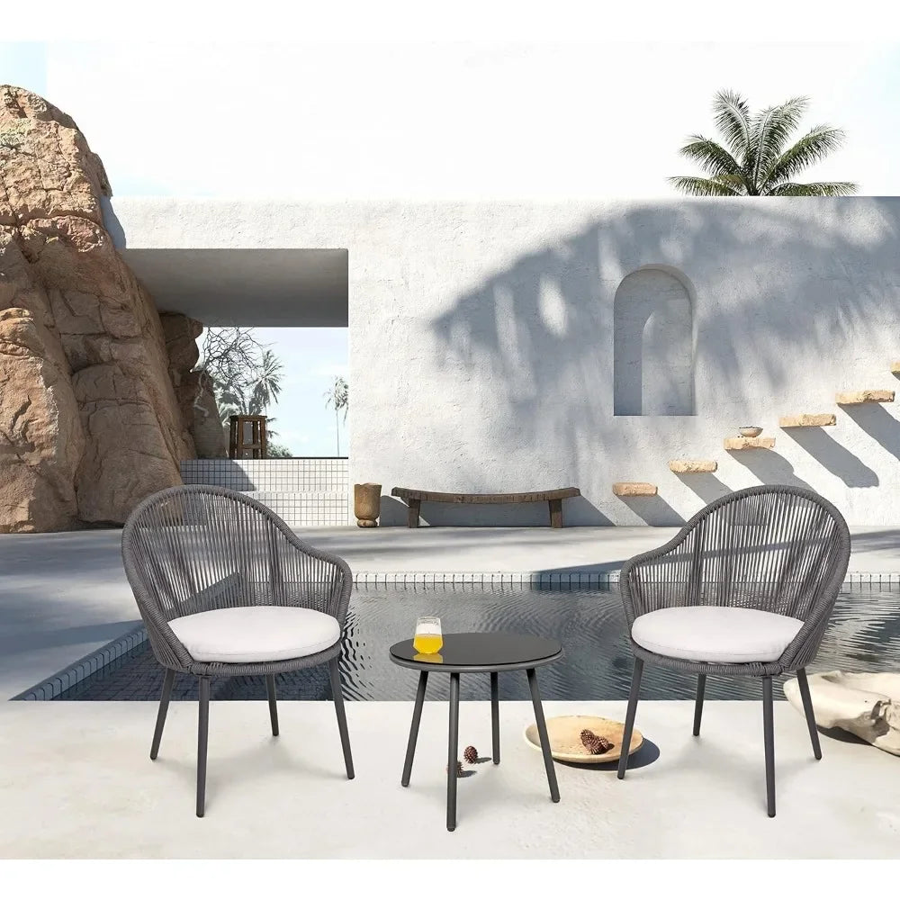 3 Piece Outdoor Bistro Set, Woven Rope Conversation Patio Set, All Weather Patio Furniture Chairs and Table with Cushions