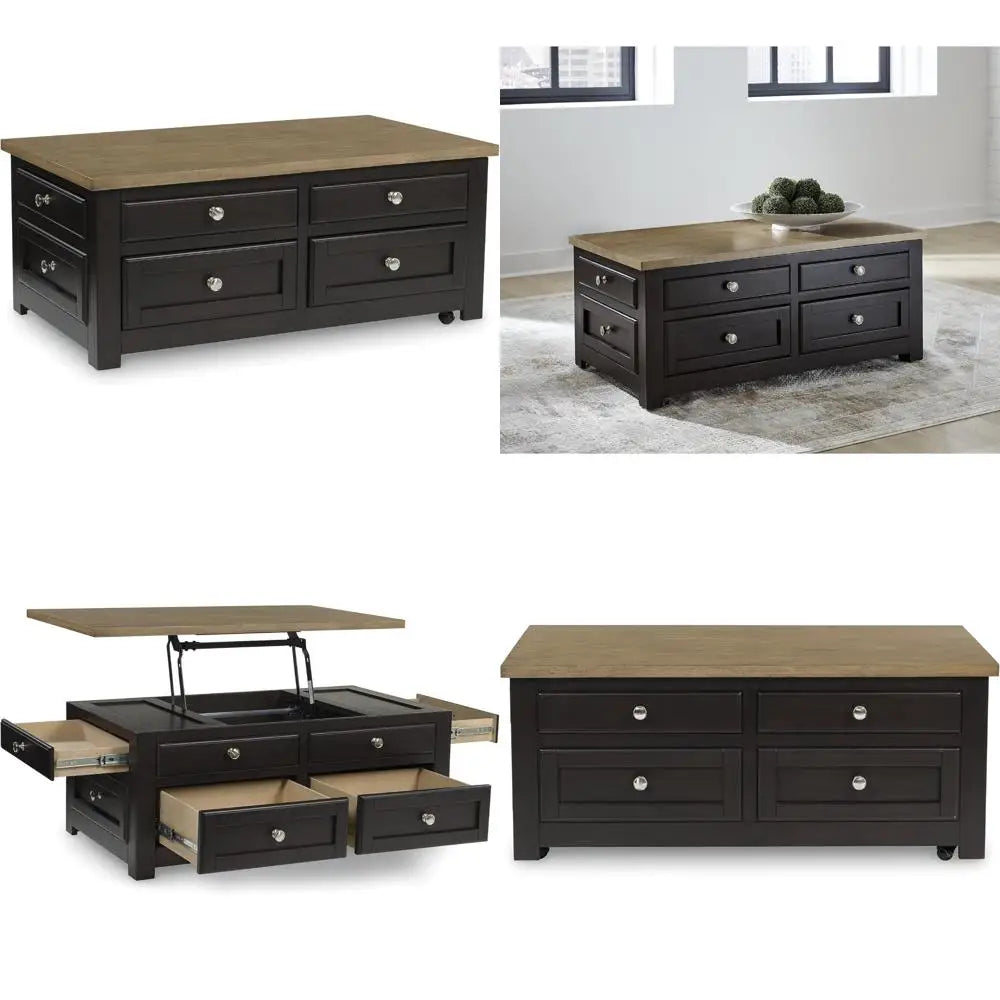 Casual Lift-Top Coffee Table with 4 Drawers and Casters, Dark & Light Brown Wood Finish