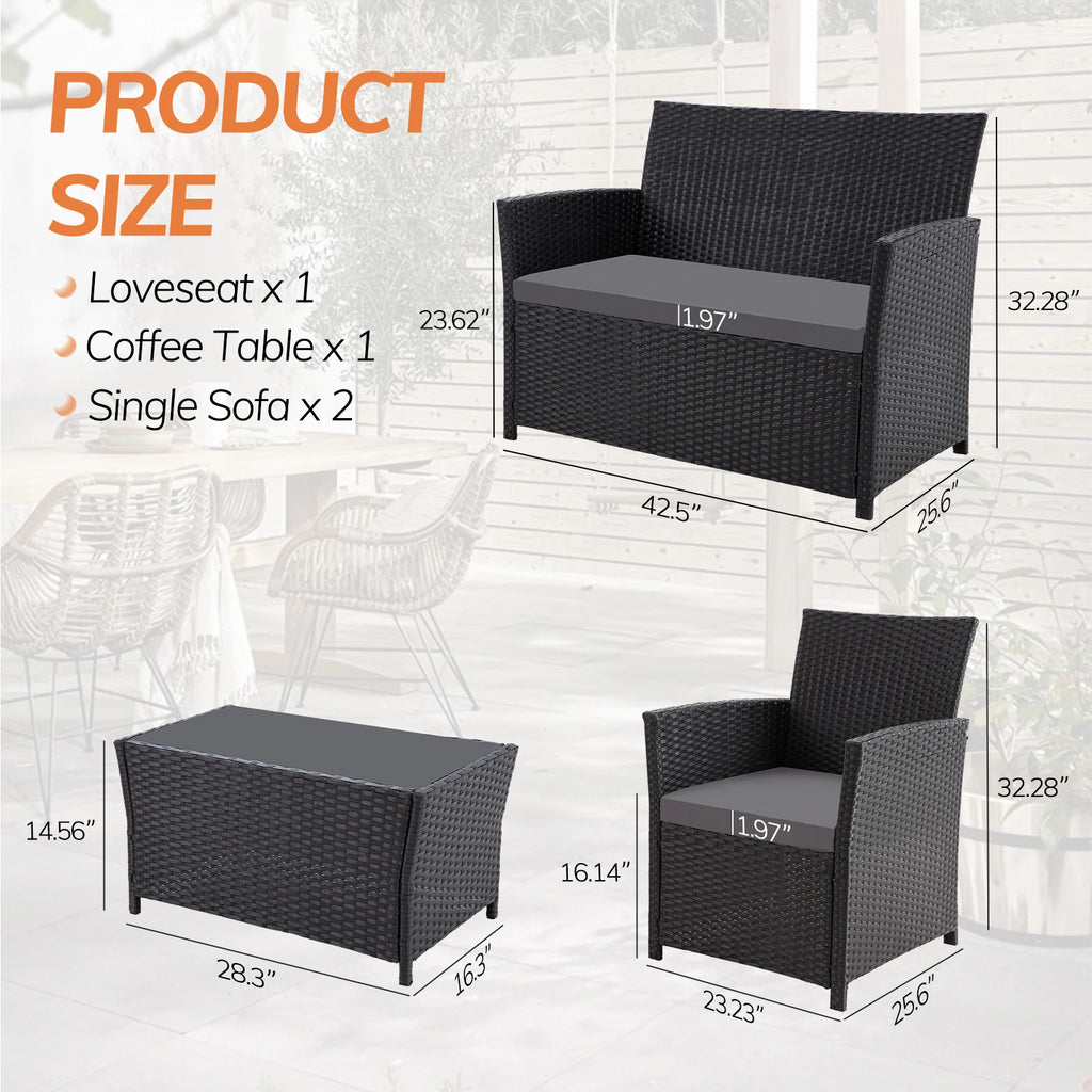 4 Piece Patio Furniture Set, Outdoor Wicker Conversation Sets, Rattan Sectional Sofa Couch with Coffee Table & Seat Cushions for
