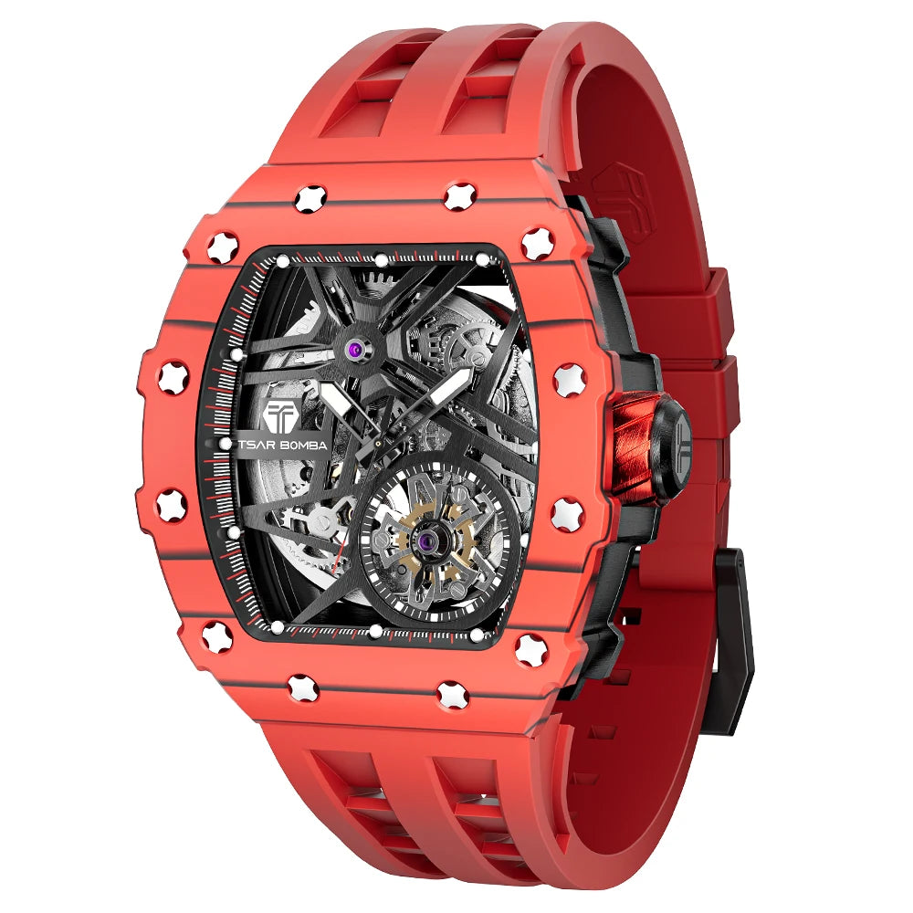 TSAR BOMBA Automatic Watch Men Carbon Fiber Mechanical Wristwatch Skeleton Clock Mens Tonneau Luxury Watches