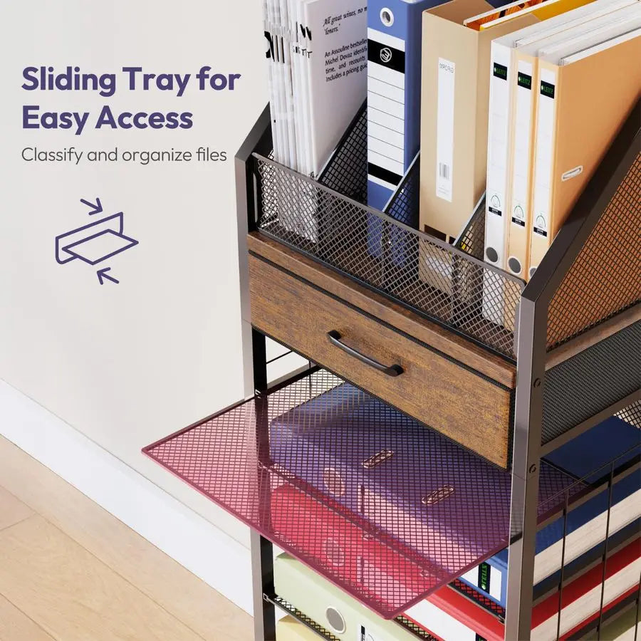 9Tier Rolling File Cart Paper Organizer with Drawer and Trays, Wood Desk Office Organizer, Office Organization and Binder Storag