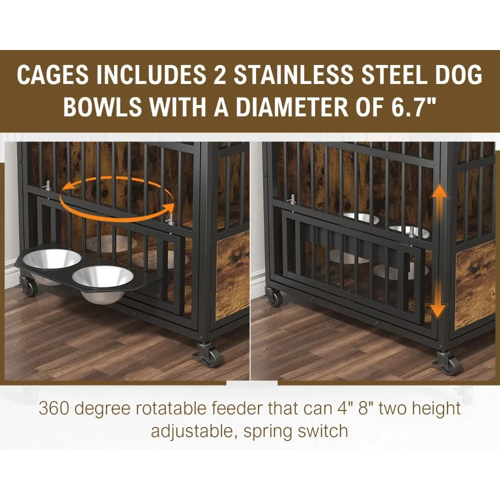 Heavy-Duty 44 Inch Dog Crate with Triple Doors, Stainless Steel Bowls, Lockable Wheels, Wooden Kennel for Large Dogs