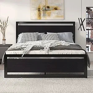 SHA CERLIN Full Size Bed Frame with Modern Headboard, Heavy Duty Platform Metal Base with Square Footboard and 13 Strong Slats S