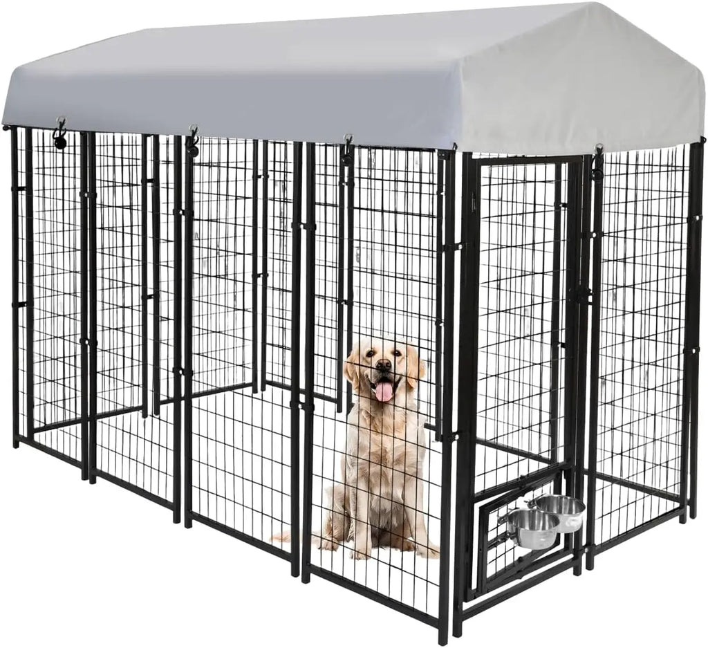 8x4x6 FT Dog Kennel Outdoor for Large Dogs - Heavy Duty Welded Steel Dog Playpen with Waterproof Roof, 360° Rotating Bowls