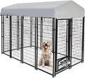 8x4x6 FT Dog Kennel Outdoor for Large Dogs - Heavy Duty Welded Steel Dog Playpen with Waterproof Roof, 360° Rotating Bowls
