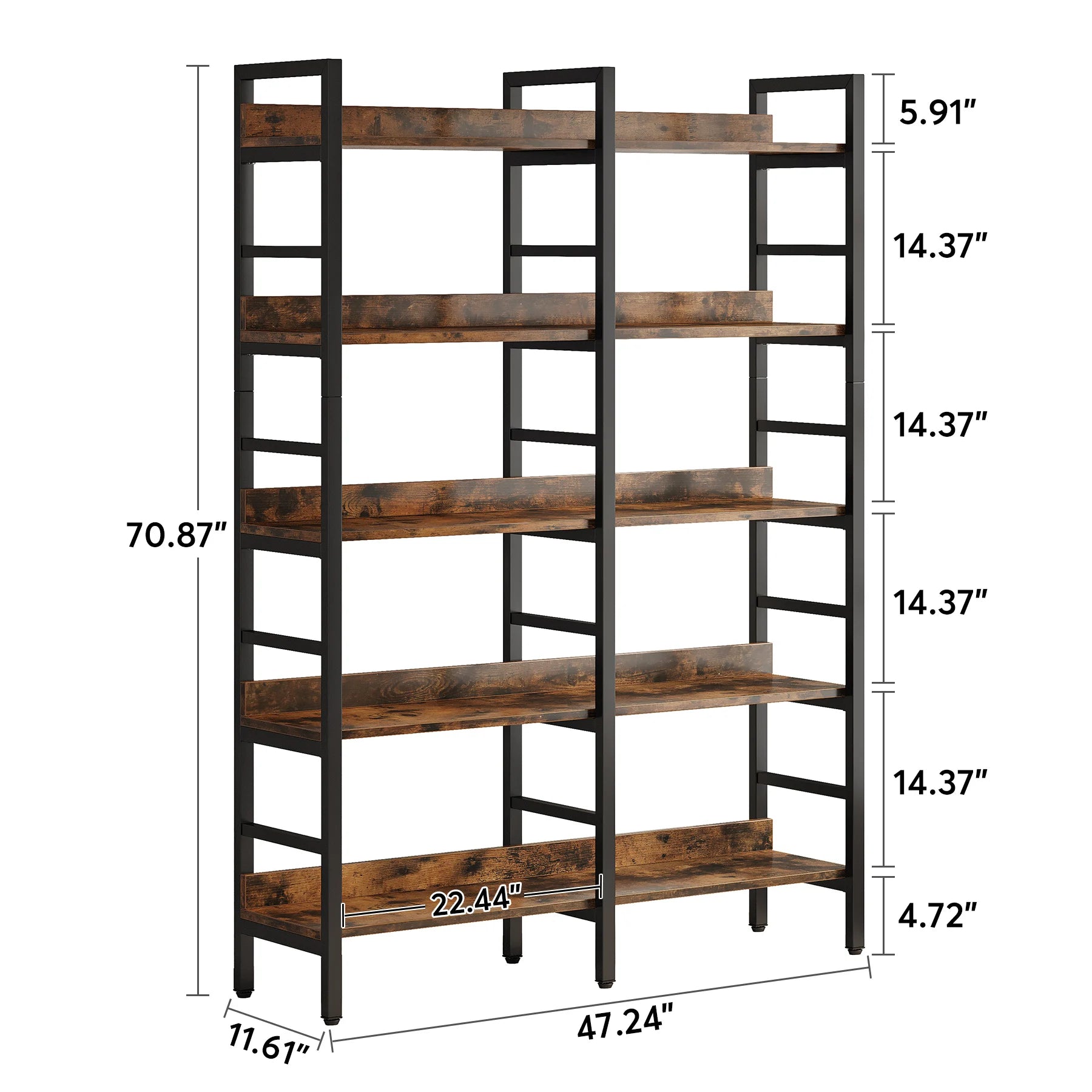 Tribesigns 5-Tier Industrial Bookshelf, 71”H x 47”W Etagere Bookcase, Freestanding Double Wide Book Shelf for Storage