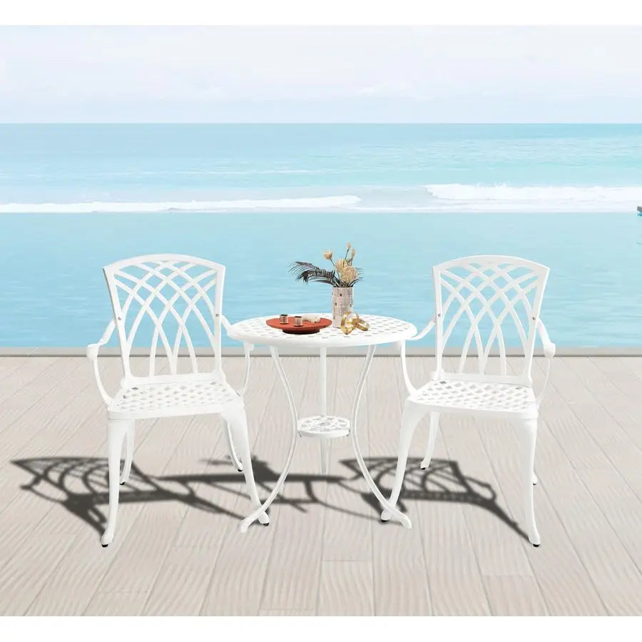 Bistro Table and Chairs Set of 2, Cast Aluminum White Bistro Set Outdoor, Patio Bistro Sets with Umbrella Hole, Round Back Yard