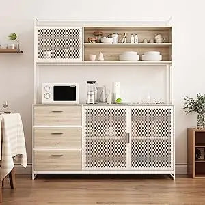 Modern Wood Sideboard Buffet Storage Cabinet with Hutch, 3 Metal Mesh Doors, 3 Drawers & Shelves, Kitchen Pantry Cupboard Conso