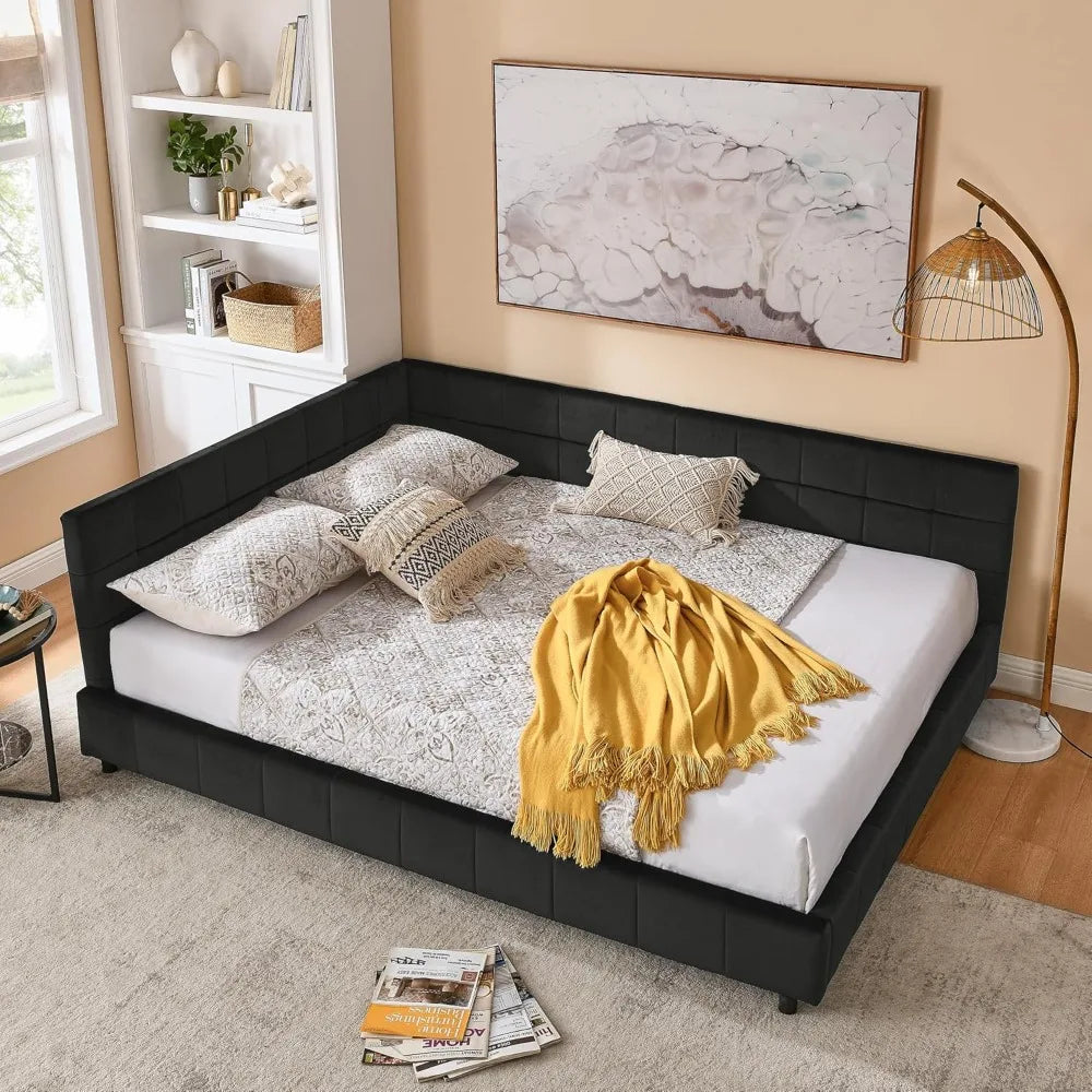 SOFTSEA Queen Size Upholstered Corner Daybed, Modern L-Shaped Daybed with Tufted Backrest, Velvet Corner Bed Floor Bed Frame wit