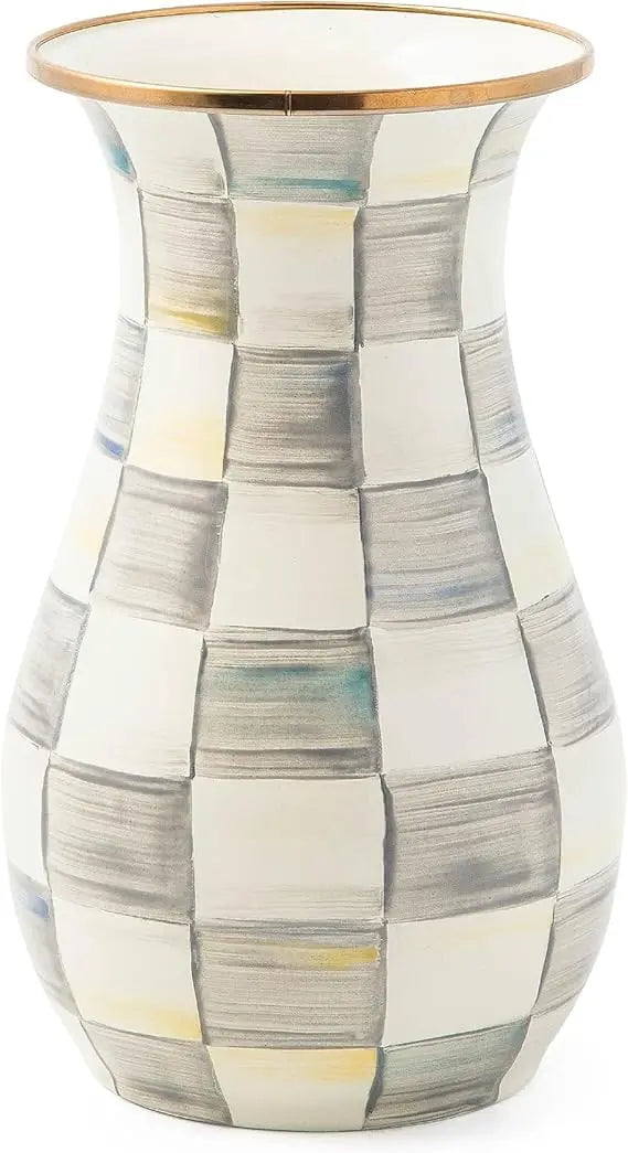 Elegant Tall Enamel Flower Vase, Living Room Decor, Gray & White Checkered Pattern