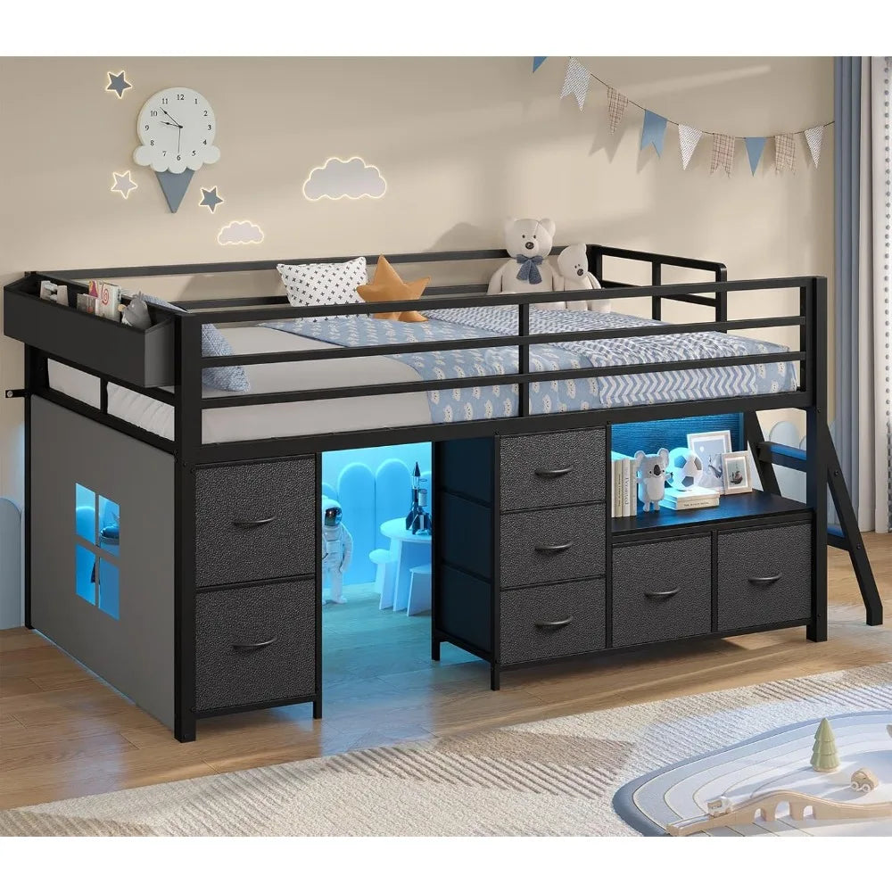Low Loft Bed Twin Size with 7 Storage Drawers, Bookcase and LED Lights, Metal Kids Loft Bed with 14" H Safety Guardrail,Incline