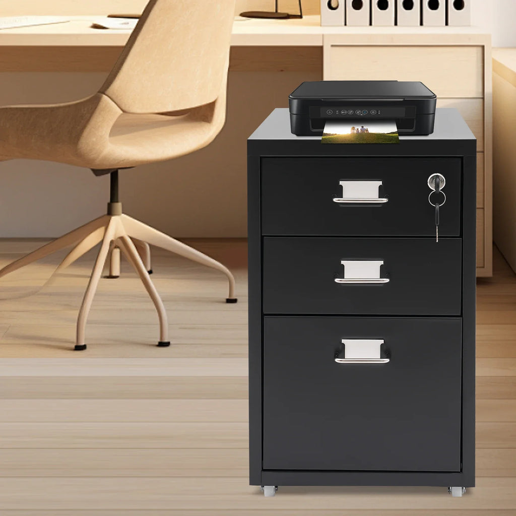3-Layer Metal File Lock Cabinet With Wheels - Black for office school to store office supplies, folders, personal items