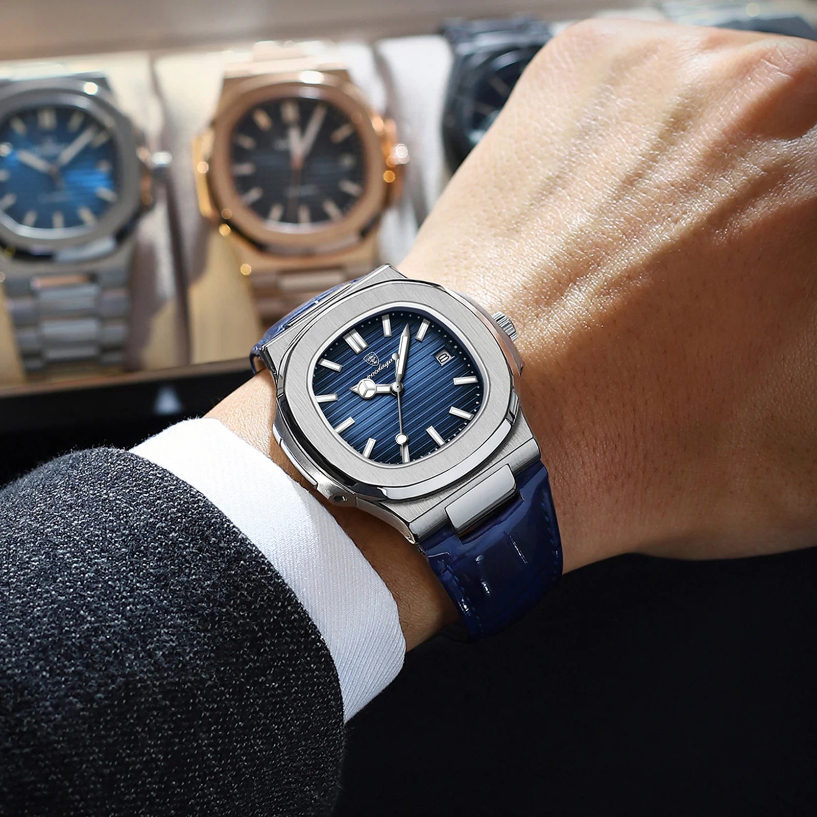 POEDAGAR Luxury Square Watch For Men Date Waterproof Luminous Quartz Business Man Wristwatch Leather Fashion Brand Men's Watches