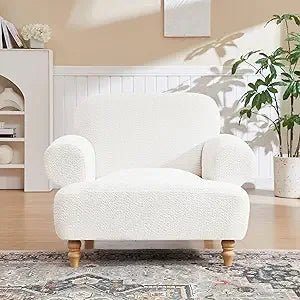 Modern Oversized Sherpa Accent Chairs, 37" Comfy Boucle Living Room Chairs, Wide Reading Chair with Round Arms, Cozy Armchair fo