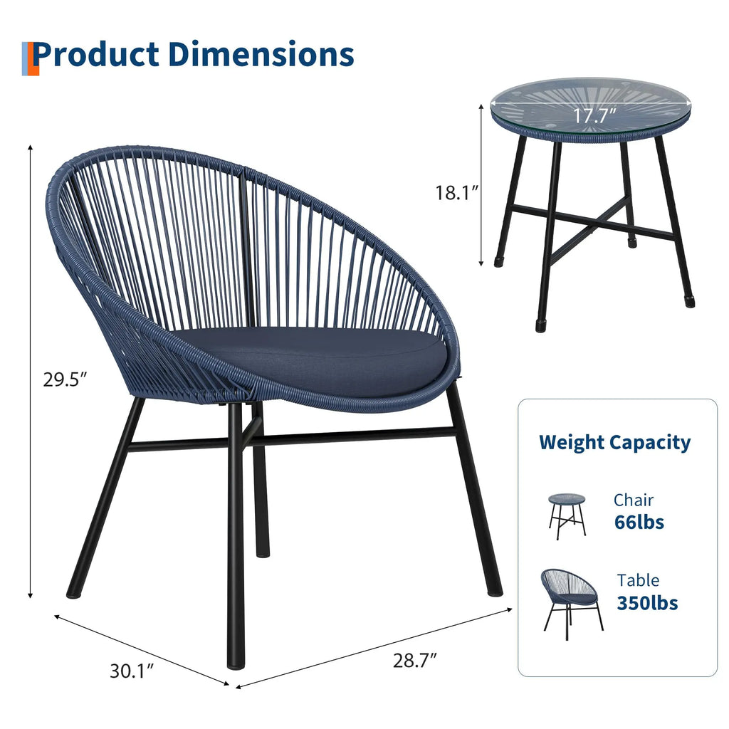 3 Pieces Outdoor Acapulco Chair Patio Bistro Set, All-Weather Acapulco Chairs with Glass Top Table, Modern Patio Conversation