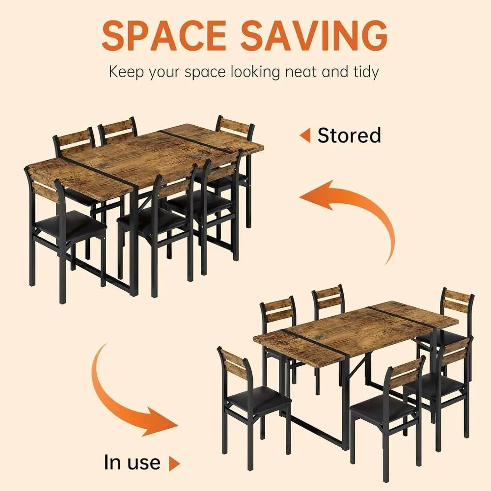 7-Piece Dining Table Set with 6 Chairs, 55" Wooden Kitchen Table & Chairs Set for 4-6, Dining Room Table and Chairs with Solid M