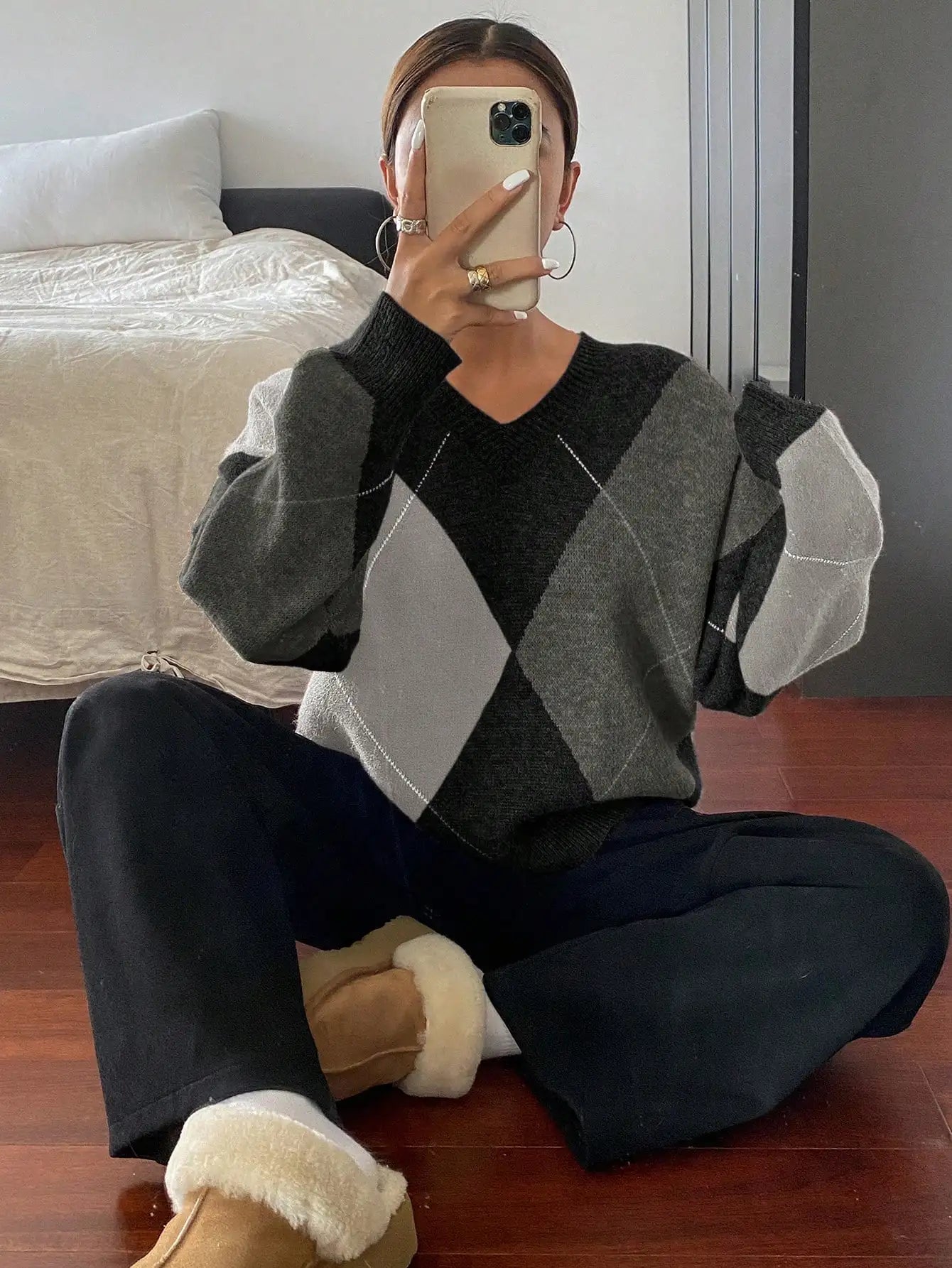 Plaid Loose Long Sleeve Crew Neck Women Sweater, Fall Clothes,Long Sleeve Tops