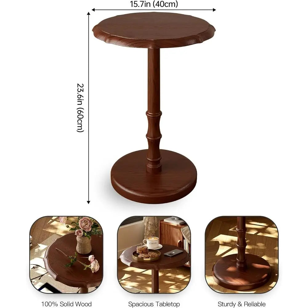 Solid Wood Accent Side Table, Pedestal End Table for Living Room, Small Bedside Table Nightstand for Bedroom, Coffee, Drink & Re