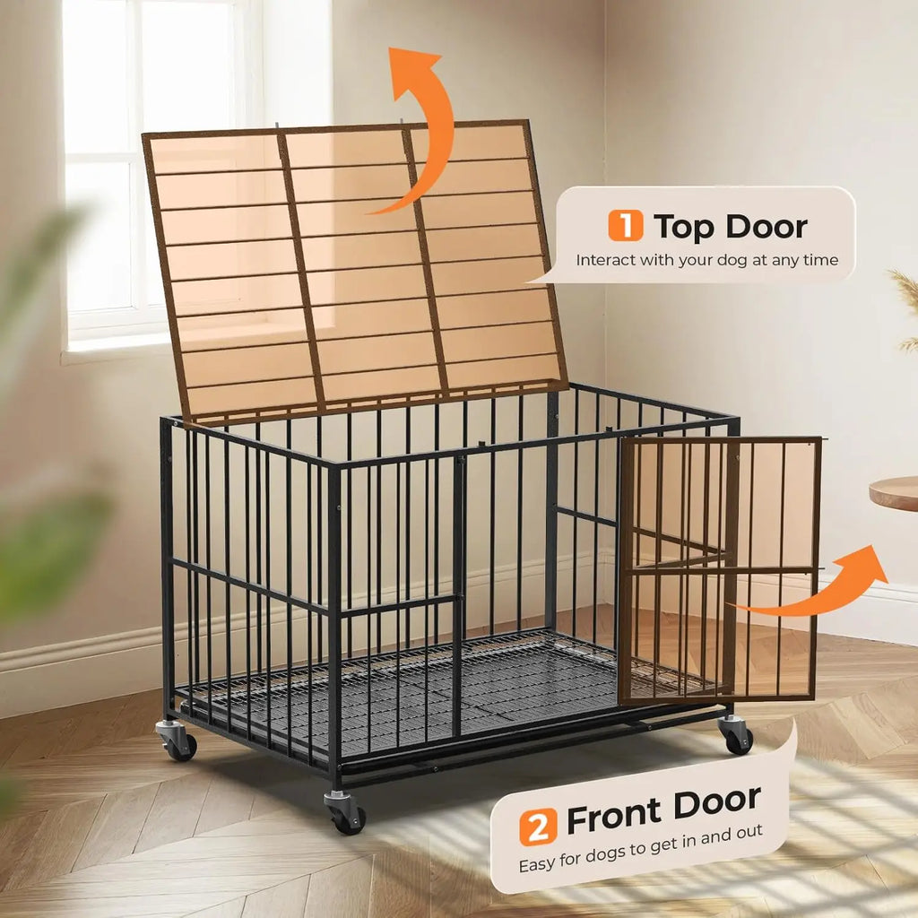 48-Inch Heavy-Duty Steel Dog Crate with Double Doors, Removable Tray, and Wheels for Indoor Use