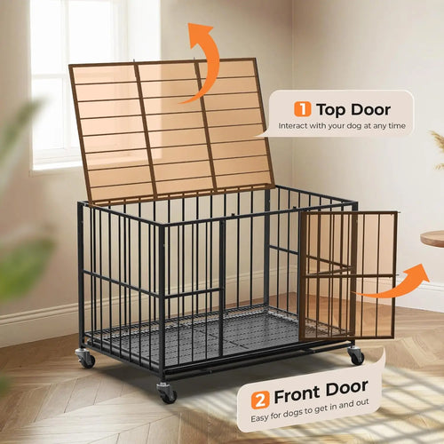48-Inch Heavy-Duty Steel Dog Crate with Double Doors, Removable Tray, and Wheels for Indoor Use