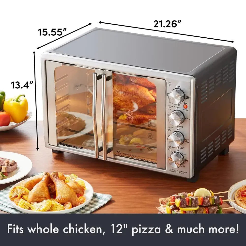 45L Countertop Convection Toaster Oven French Dual Door Rotisserie Adjustable Temperature Timer Bake Roast Broil Toast Stainless