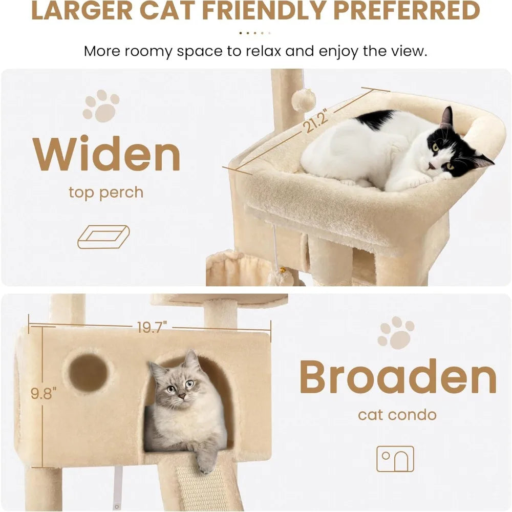 SHA CERLIN 65in Larger Cat Tree Tower Condo for Indoor Kitties/Multi-Level Furniture Activity Center with Wide Base/Cozy Plush C