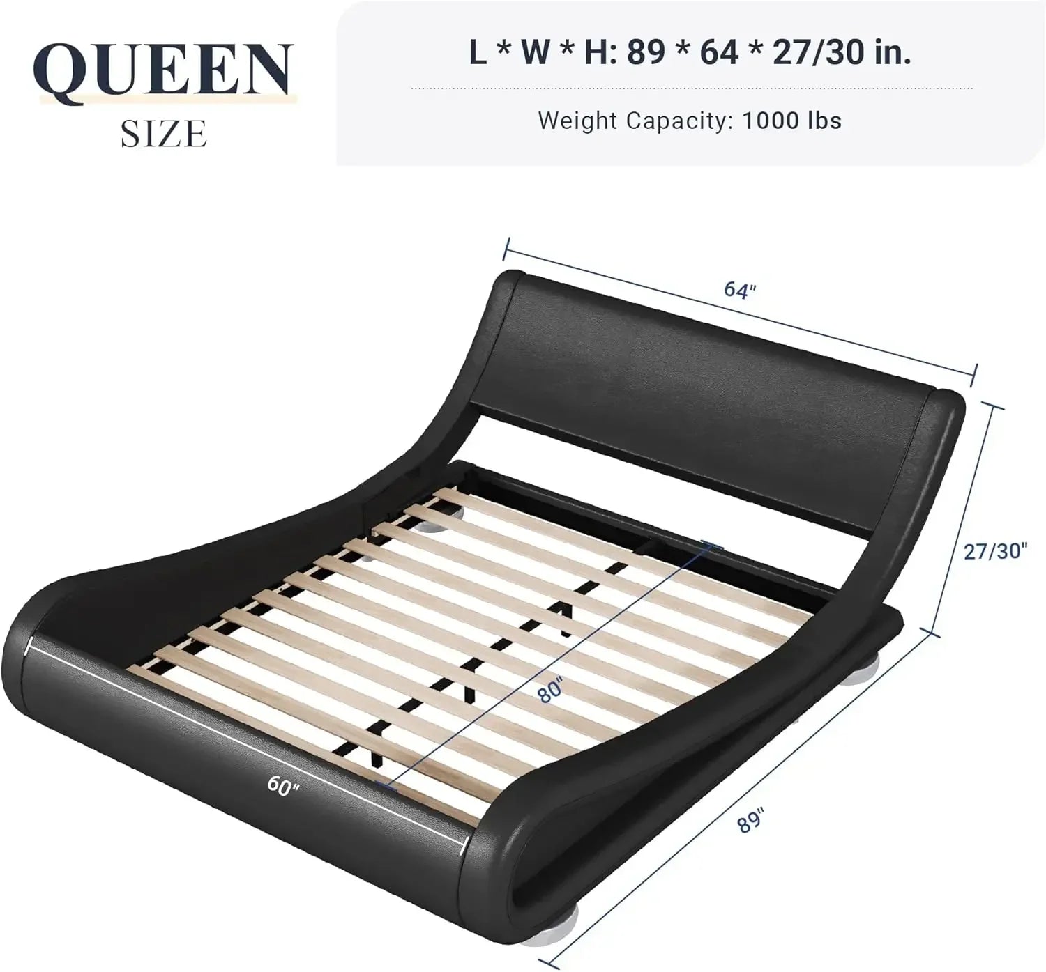 Large bed frame, ergonomic, adjustable headboard, low profile modern cushioned platform sled design - easy to assemble, black