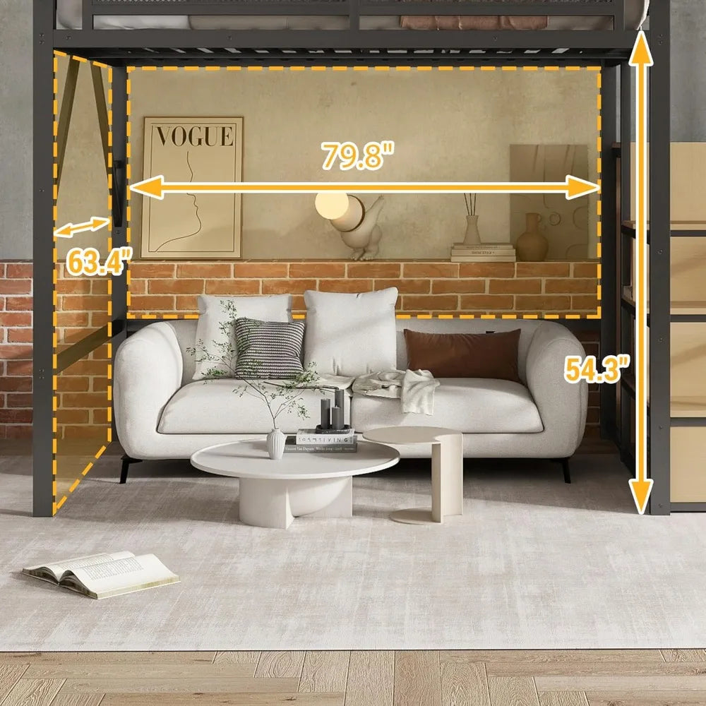 Queen Size Loft Bed with Stairs and Storage, Metal Loft Bed Frame with Bedside Shelf and Large Under-Bed Space, Heavy-Duty Beds